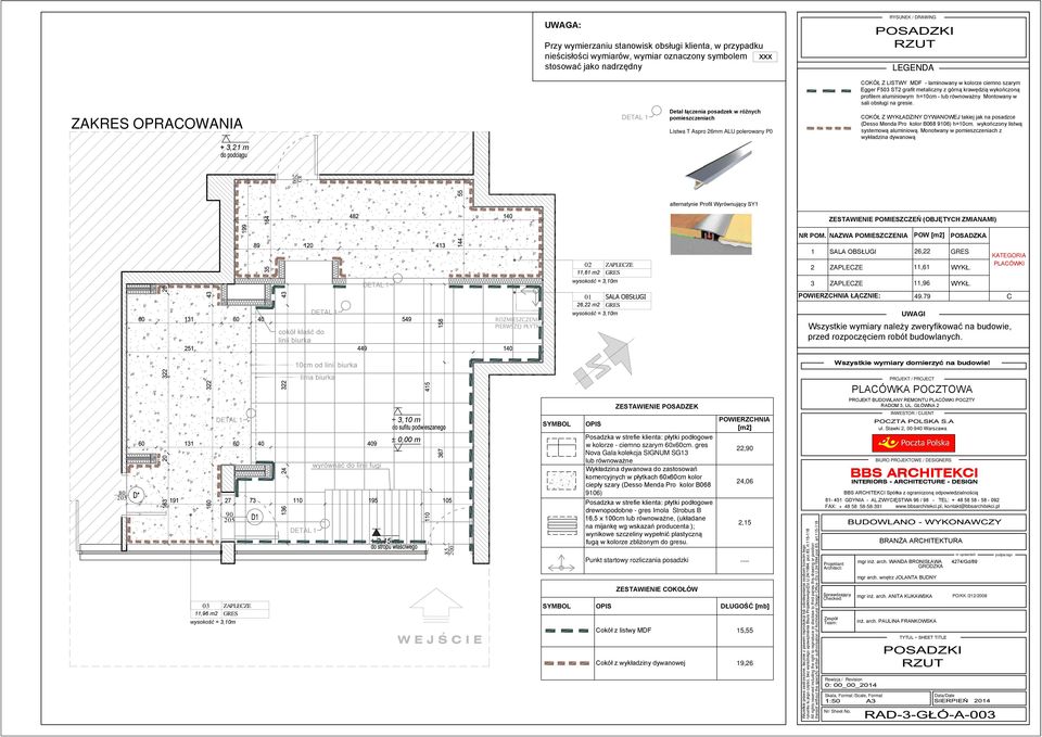 wykończoną profilem aluminiowym h=10cm - lub równoważny Montowany w sali obsługi na gresie. COKÓŁ Z WYKŁADZINY DYWANOWEJ takiej jak na posadzce (Desso Menda Pro kolor B068 9106) h=10cm.