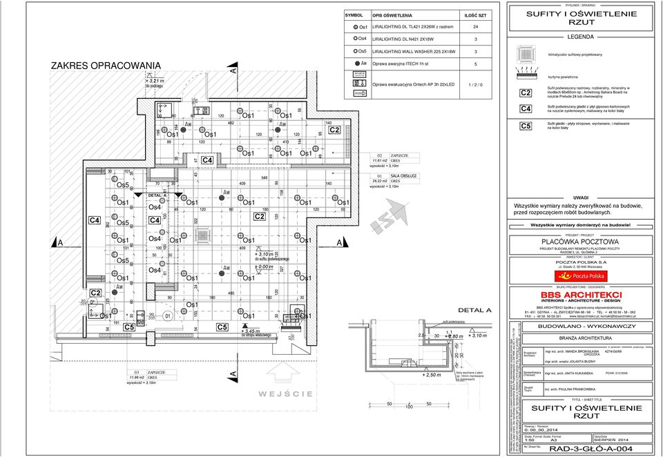 awaryjna ITECH 1h st 5 Oprawa ewakuacyjna Ontech AP 3h 22xLED 1 / 2 / 0 02 ZAPLECZE 11,61 m2 GRES 01 SALA OBSŁUGI 26,22 m2 GRES 2.