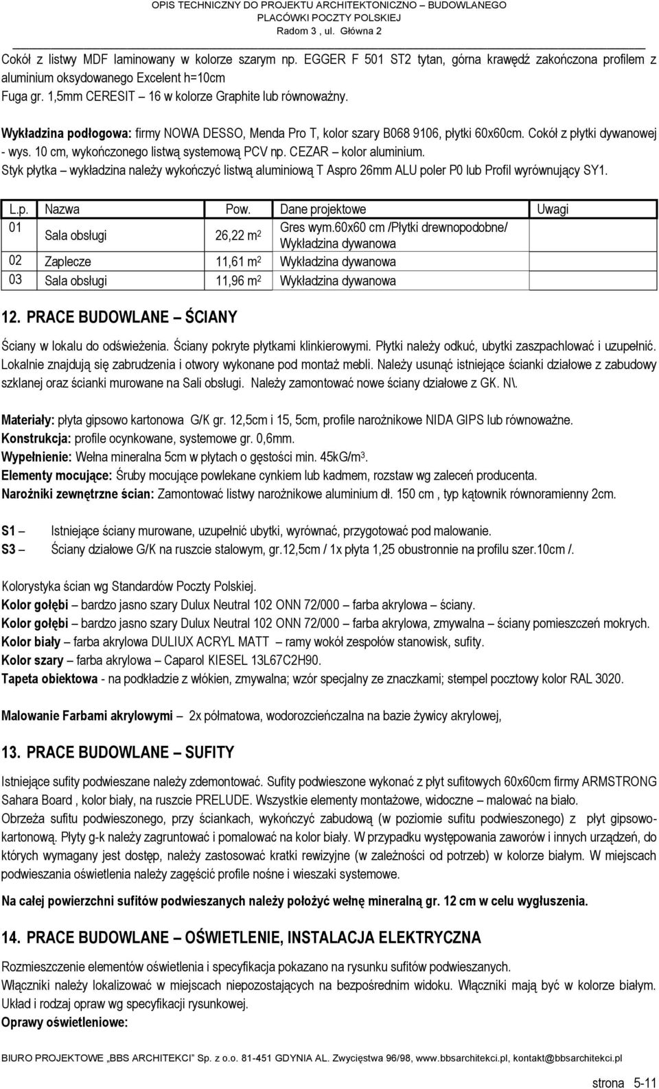 10 cm, wykończonego listwą systemową PCV np. CEZAR kolor aluminium. Styk płytka wykładzina należy wykończyć listwą aluminiową T Aspro 26mm ALU poler P0 lub Profil wyrównujący SY1. L.p. Nazwa Pow.