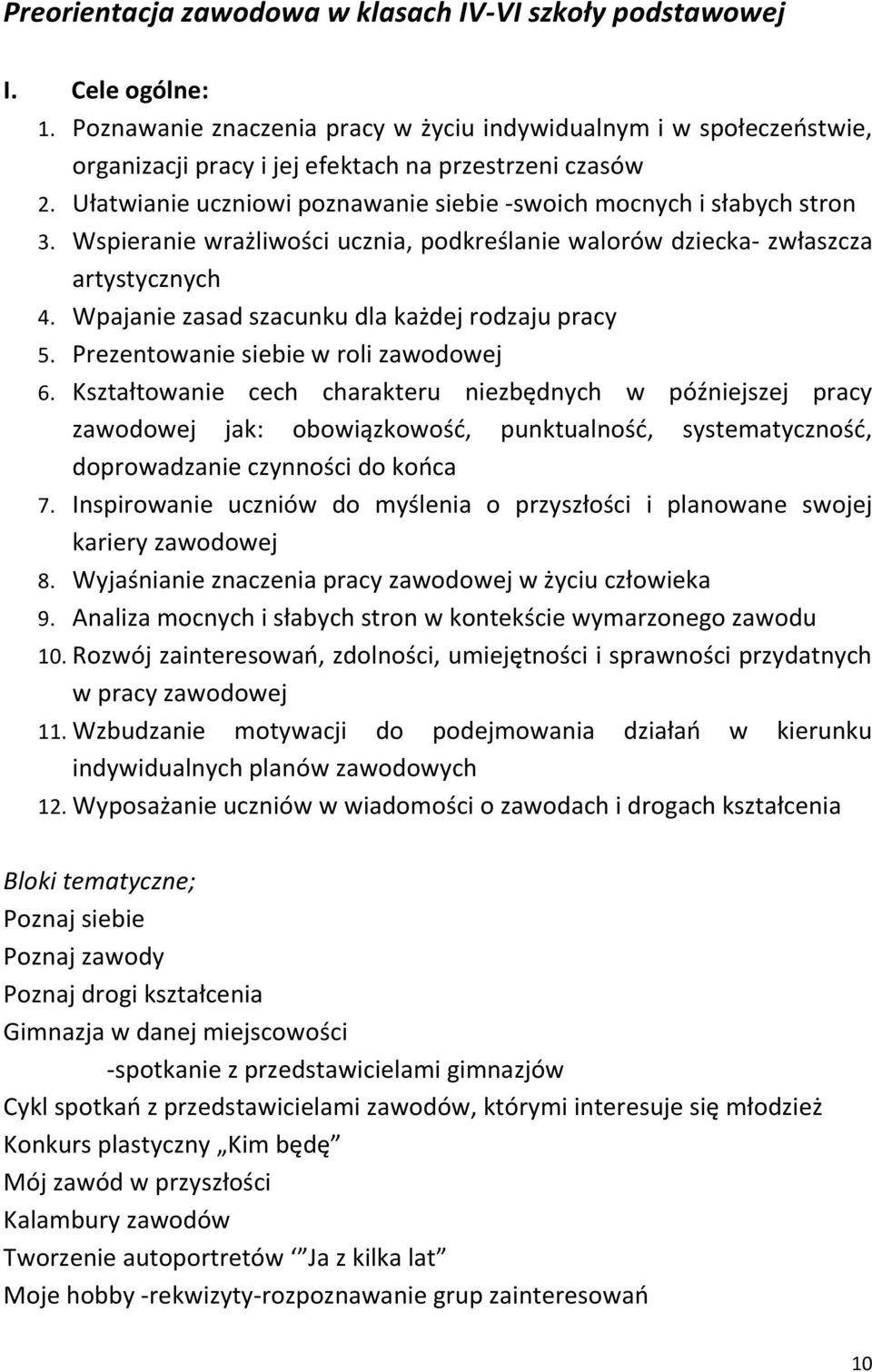 Wspieranie wrażliwości ucznia, podkreślanie walorów dziecka- zwłaszcza artystycznych 4. Wpajanie zasad szacunku dla każdej rodzaju pracy 5. Prezentowanie siebie w roli zawodowej 6.