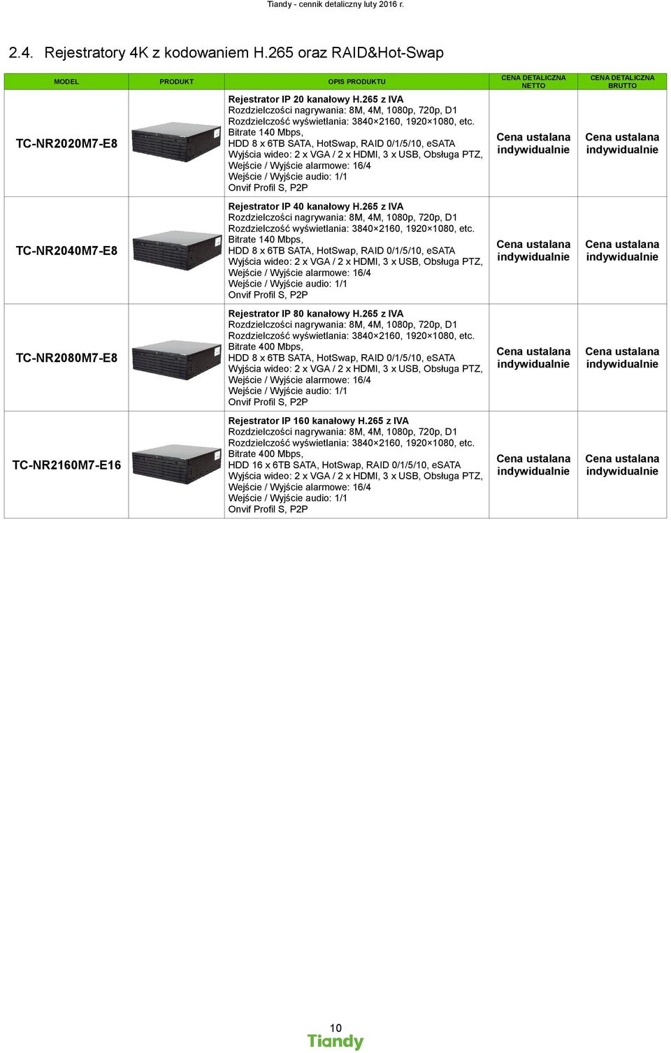 265 z IVA Bitrate 140 Mbps, HDD 8 x 6TB SATA, HotSwap, RAID 0/1/5/10, esata Wyjścia wideo: 2 x VGA / 2 x HDMI, 3 x USB, Obsługa PTZ, Rejestrator IP 80 kanałowy H.