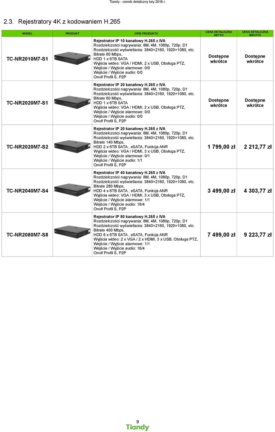 265 z IVA Bitrate 140 Mbps, HDD 2 x 6TB SATA, esata, Funkcja ANR Wejście / Wyjście alarmowe: 0/1 Rejestrator IP 40 kanałowy H.