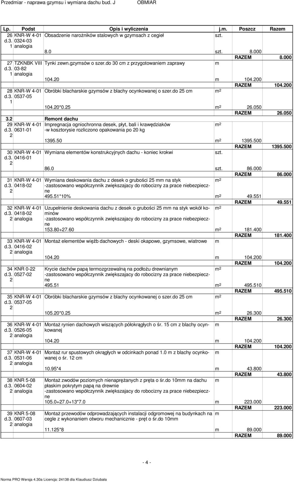 0*0.5 6.050 RAZEM 6.050 3. Reon dachu 9 KNR-W 4-0 Ipregnacja ogniochronna desek, pły, bali i krawędziaków d.3. 063-0 -w koszorysie rozliczono opakowania po 0 kg 395.50 395.500 30 KNR-W 4-0 d.3. 046-0 3 KNR-W 4-0 d.