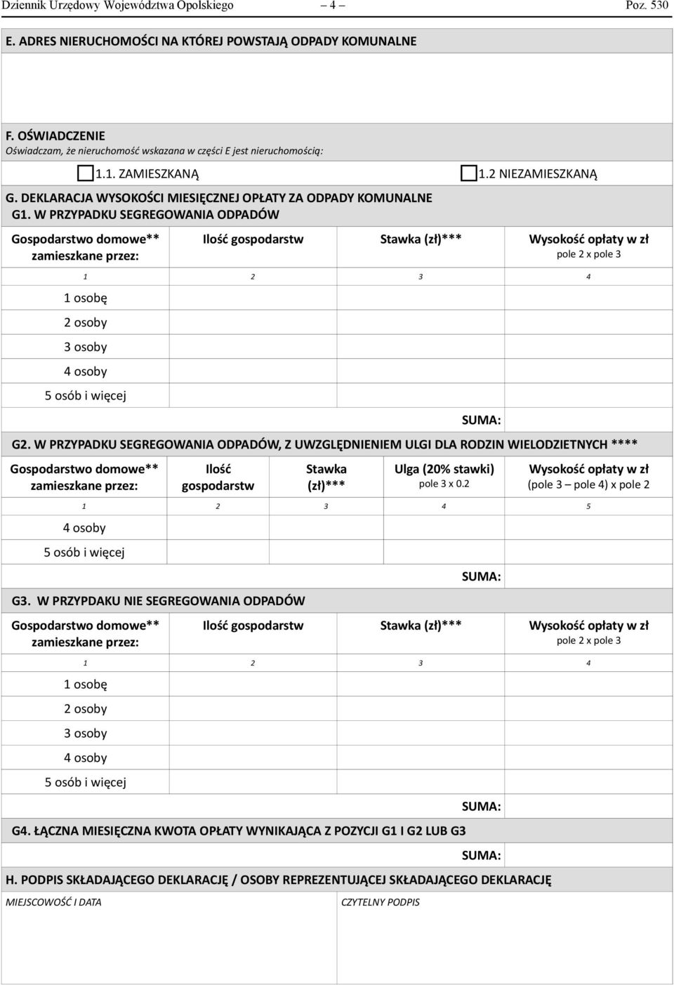 W PRZYPADKU SEGREGOWANIA ODPADÓW Ilość gospodarstw Stawka (zł)*** Wysokość opłaty w zł pole 2 x pole 3 1 2 3 4 1 osobę 2 osoby 3 osoby G2.