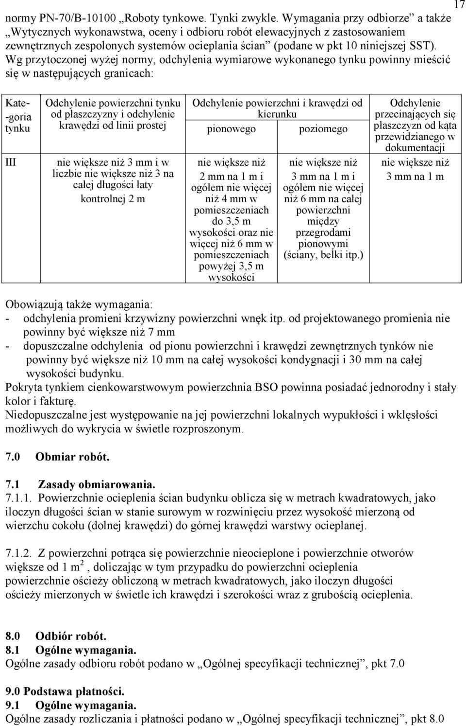 Wg przytoczonej wyżej normy, odchylenia wymiarowe wykonanego tynku powinny mieścić się w następujących granicach: Kate- -goria tynku III Odchylenie powierzchni tynku od płaszczyzny i odchylenie