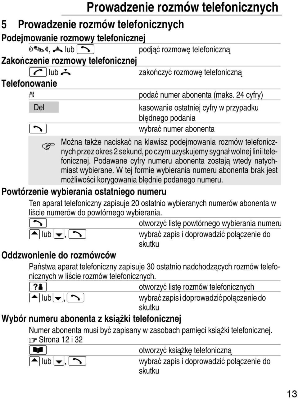 24 cyfry) Del kasowanie ostatniej cyfry w przypadku błędnego podania wybrać numer abonenta Można także naciskać na klawisz podejmowania rozmów telefonicznych przez okres 2 sekund,po czymuzyskujemy