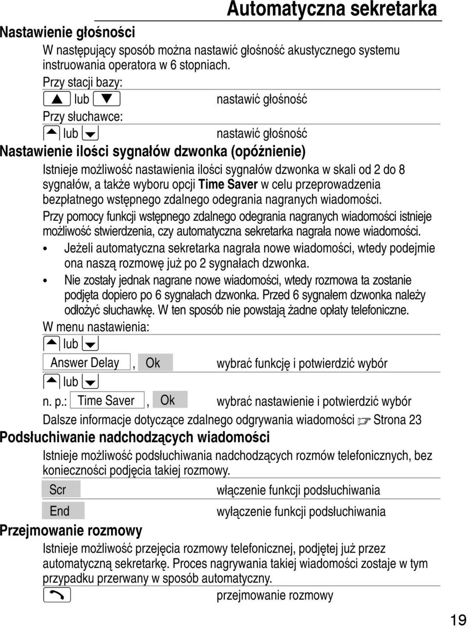 do 8 sygnałów, a także wyboru opcji Time Saver w celu przeprowadzenia bezpłatnego wstępnego zdalnego odegrania nagranych wiadomości.
