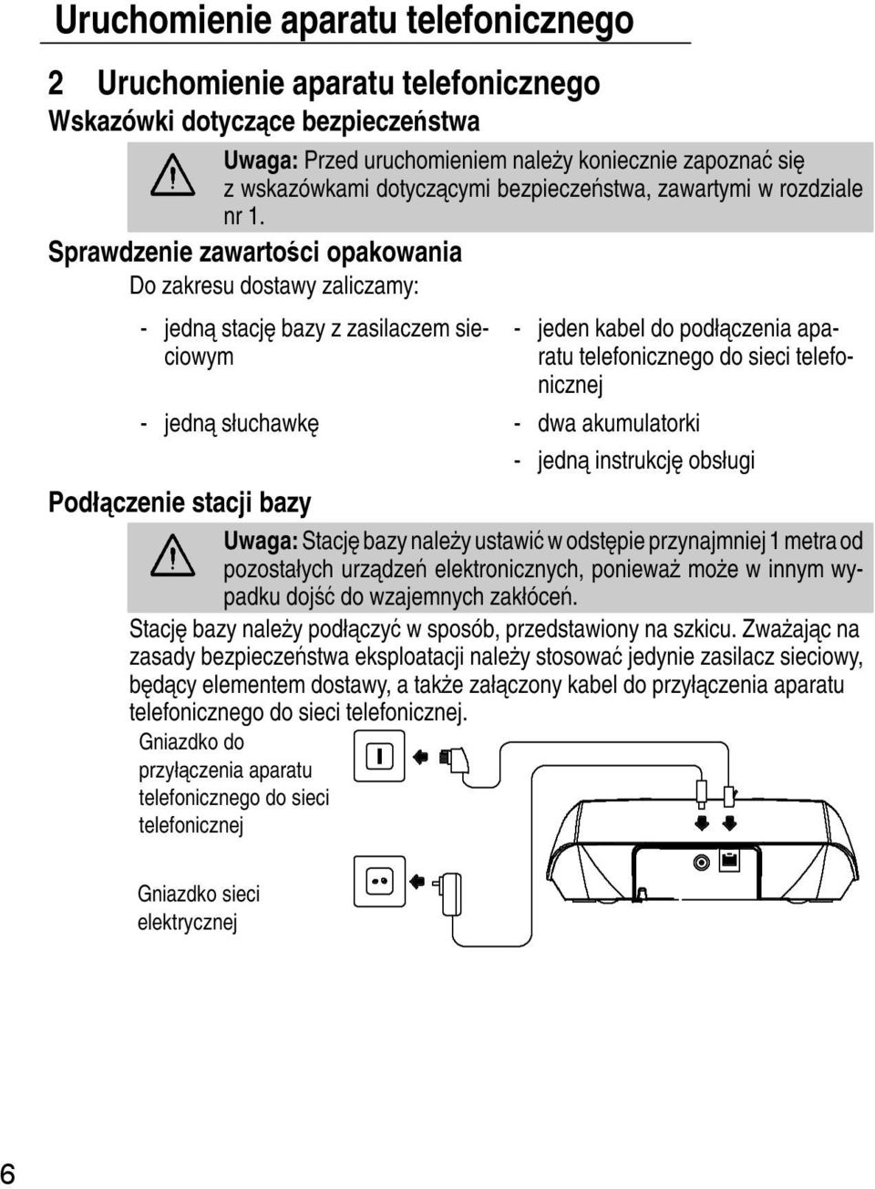Sprawdzenie zawartości opakowania Do zakresu dostawy zaliczamy: - jedną stację bazy z zasilaczem sieciowym - jeden kabel do podłączenia aparatu telefonicznego do sieci telefonicznej - jedną słuchawkę