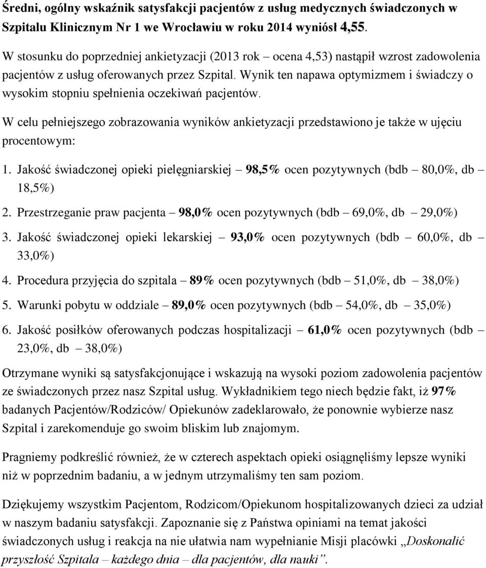 Wynik ten napawa optymizmem i świadczy o wysokim stopniu spełnienia oczekiwań pacjentów. W celu pełniejszego zobrazowania wyników ankietyzacji przedstawiono je także w ujęciu procentowym: 1.