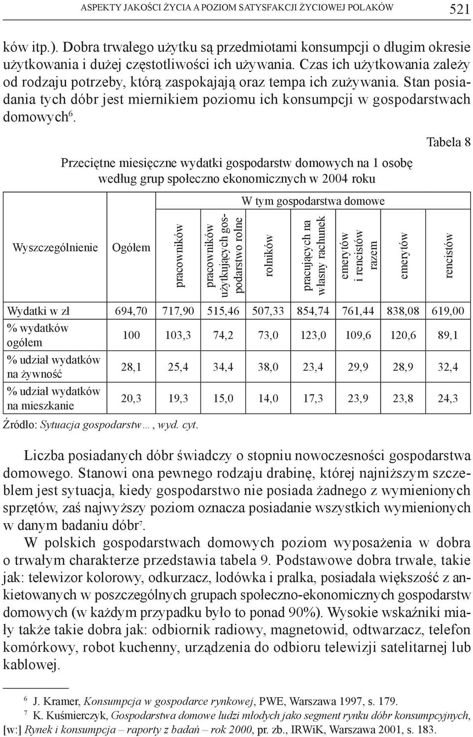 Przeciętne miesięczne wydatki gospodarstw domowych na 1 osobę według grup społeczno ekonomicznych w 2004 roku W tym gospodarstwa domowe Tabela 8 Wyszczególnienie Ogółem pracowników pracowników