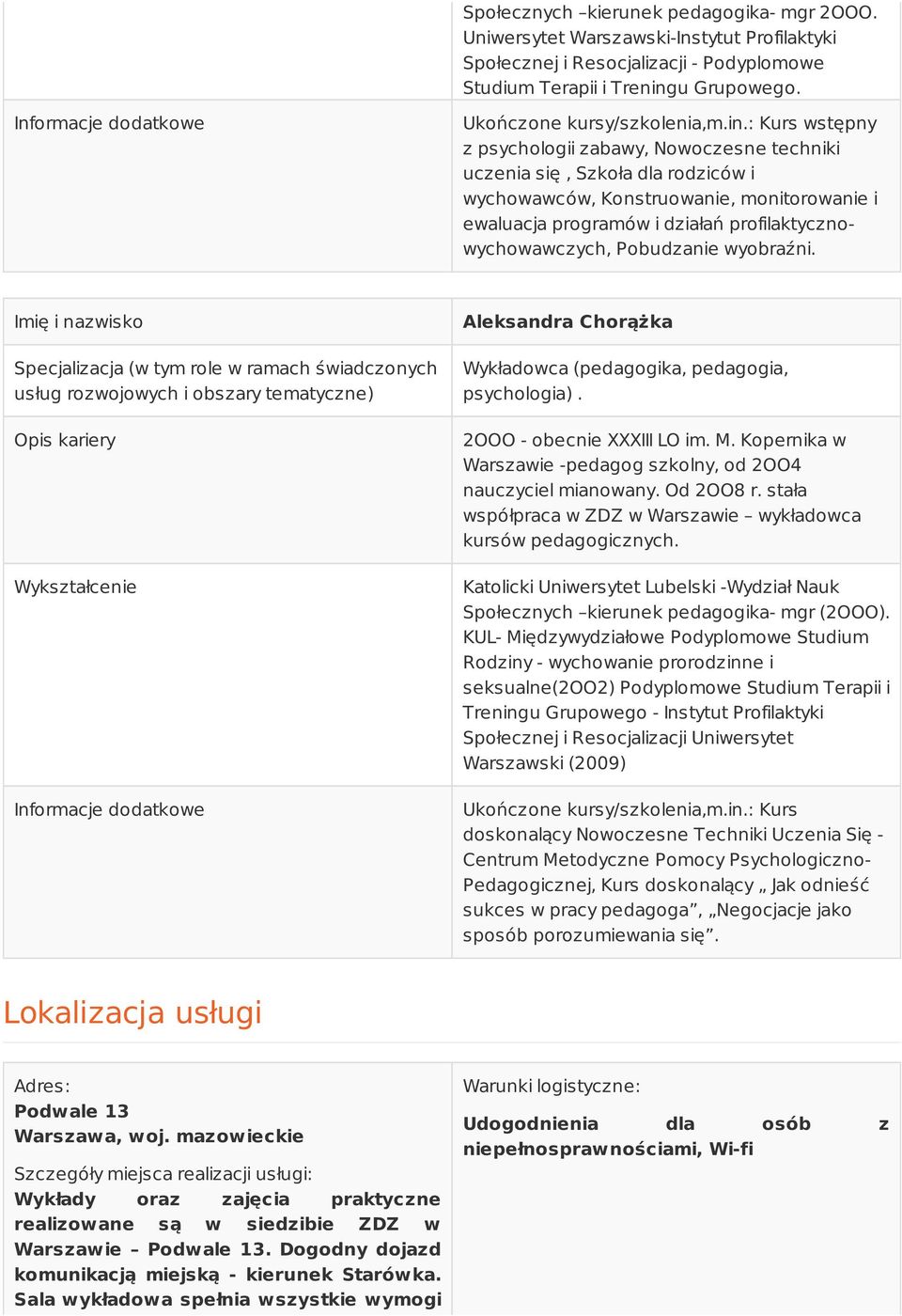 : Kurs wstępny z psychologii zabawy, Nowoczesne techniki uczenia się, Szkoła dla rodziców i wychowawców, Konstruowanie, monitorowanie i ewaluacja programów i działań profilaktycznowychowawczych,