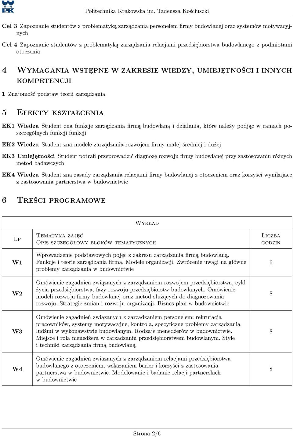 zarządzania firmą budowlaną i działania, które należy podjąc w ramach poszczególnych funkcji funkcji EK2 Wiedza Student zna modele zarządzania rozwojem firmy małej średniej i dużej EK3 Umiejętności