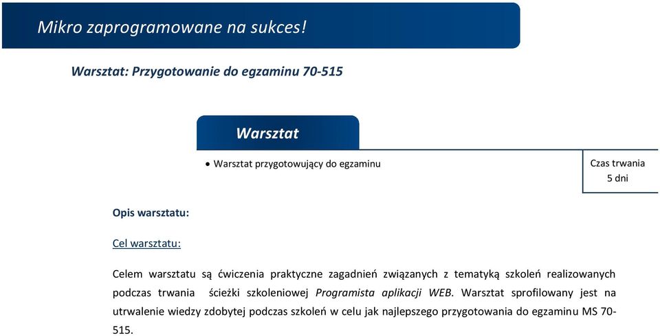 szkoleń realizowanych podczas trwania ścieżki szkoleniowej Programista aplikacji WEB.