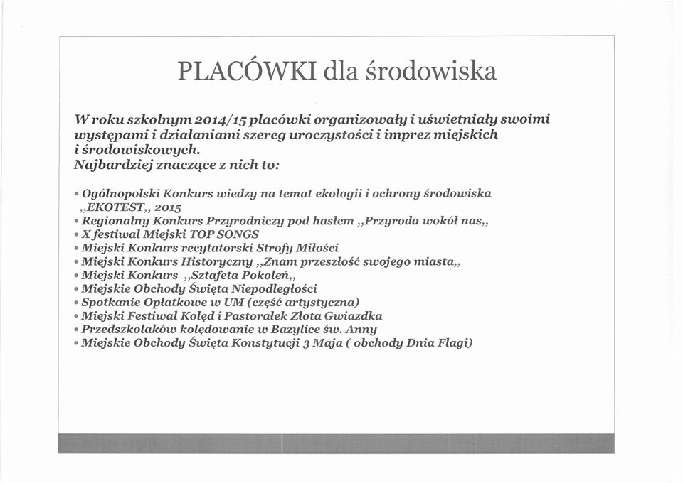 Miejski TOPSONGS Miejski Konkurs recytatorski Strofy Miłości Miejski Konkurs Historyczny "Znam przeszłość swojego miasta" Miejski Konkurs "Sztafeta Pokoleti.