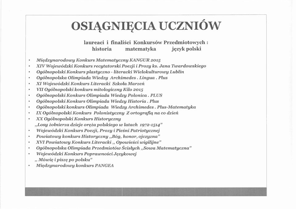 Plus XI Wojewódzki Konkurs Literacki Szkoła Marzeń VII Ogólnopolski konkurs mitologiczny Kilo 2015 Ogólnopolski Konkurs Olimpiada Wiedzy Polonica. PLUS Ogólnopolski Konkurs Olimpiada Wiedzy Historia.