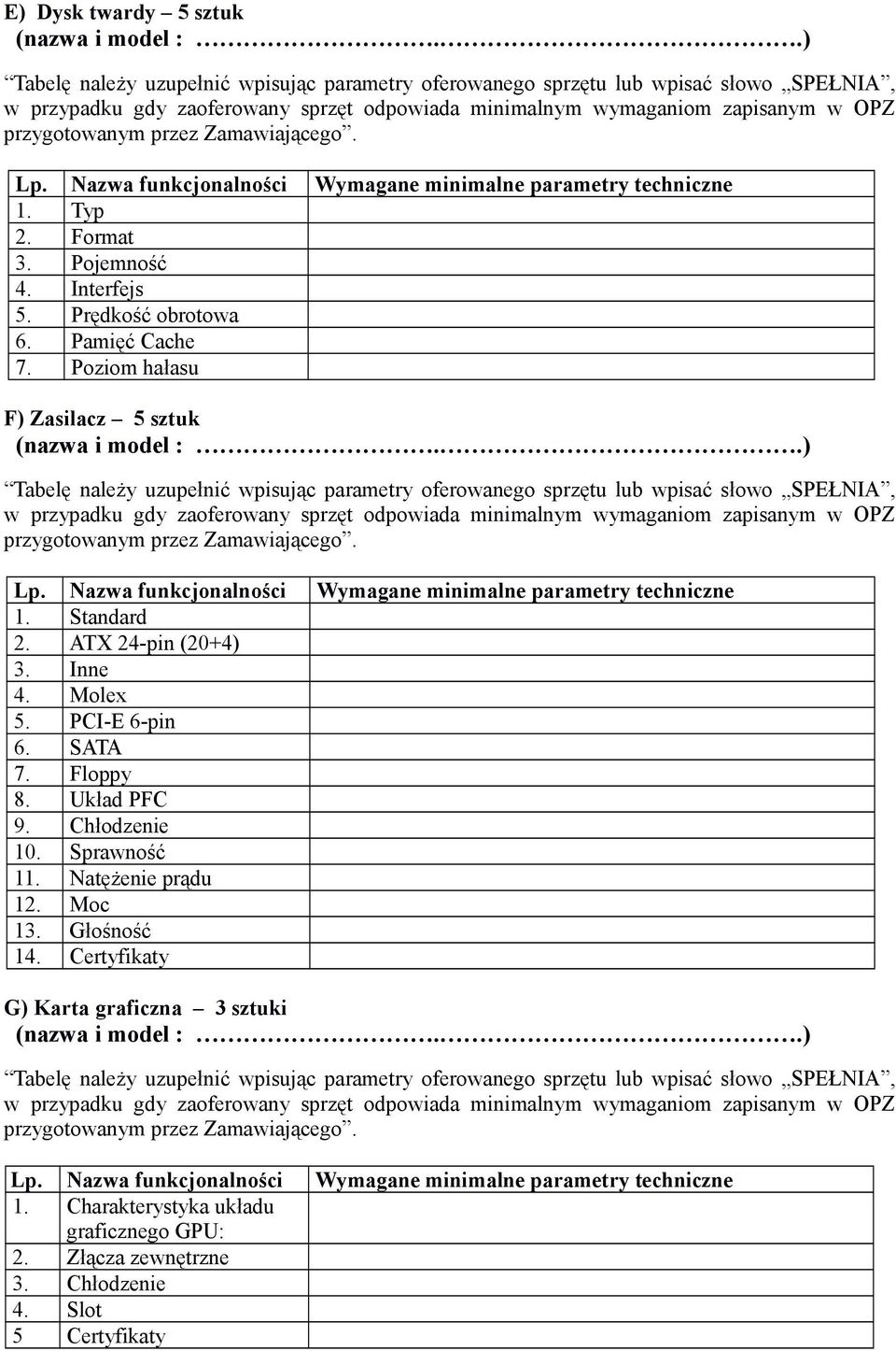 .) Tabelę należy uzupełnić wpisując parametry oferowanego sprzętu lub wpisać słowo SPEŁNIA, Lp. Nazwa funkcjonalności Wymagane minimalne parametry techniczne 1. Standard 2. ATX 24-pin (20+4) 3.