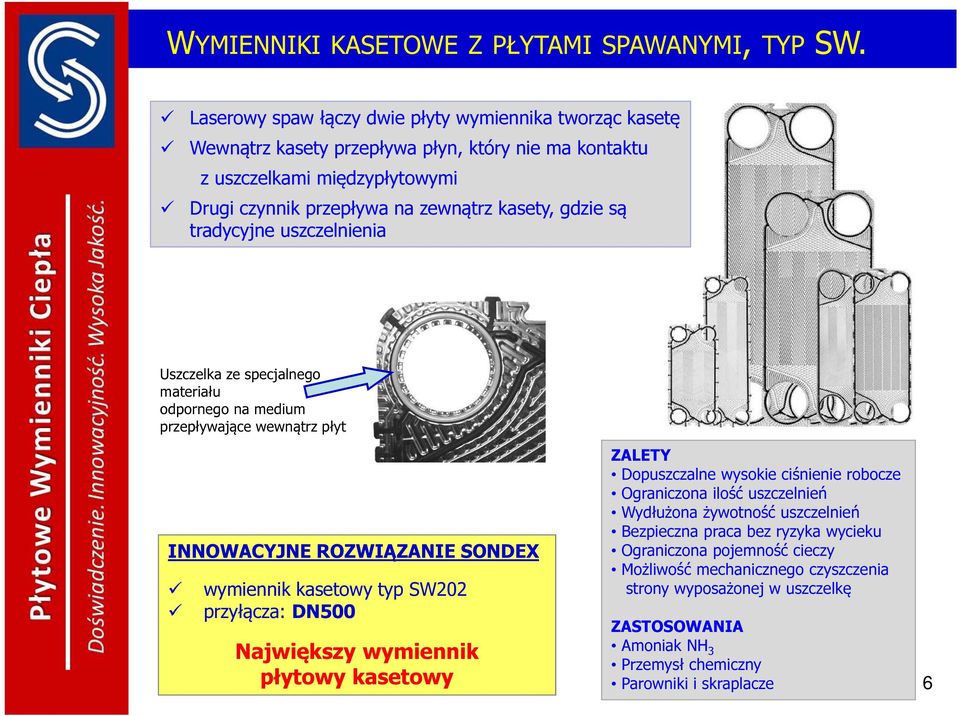 tradycyjne uszczelnienia Uszczelka ze specjalnego materiału odpornego na medium przepływające wewnątrz płyt INNOWACYJNE ROZWIĄZANIE SONDEX wymiennik kasetowy typ SW202 przyłącza: DN500 ZALETY
