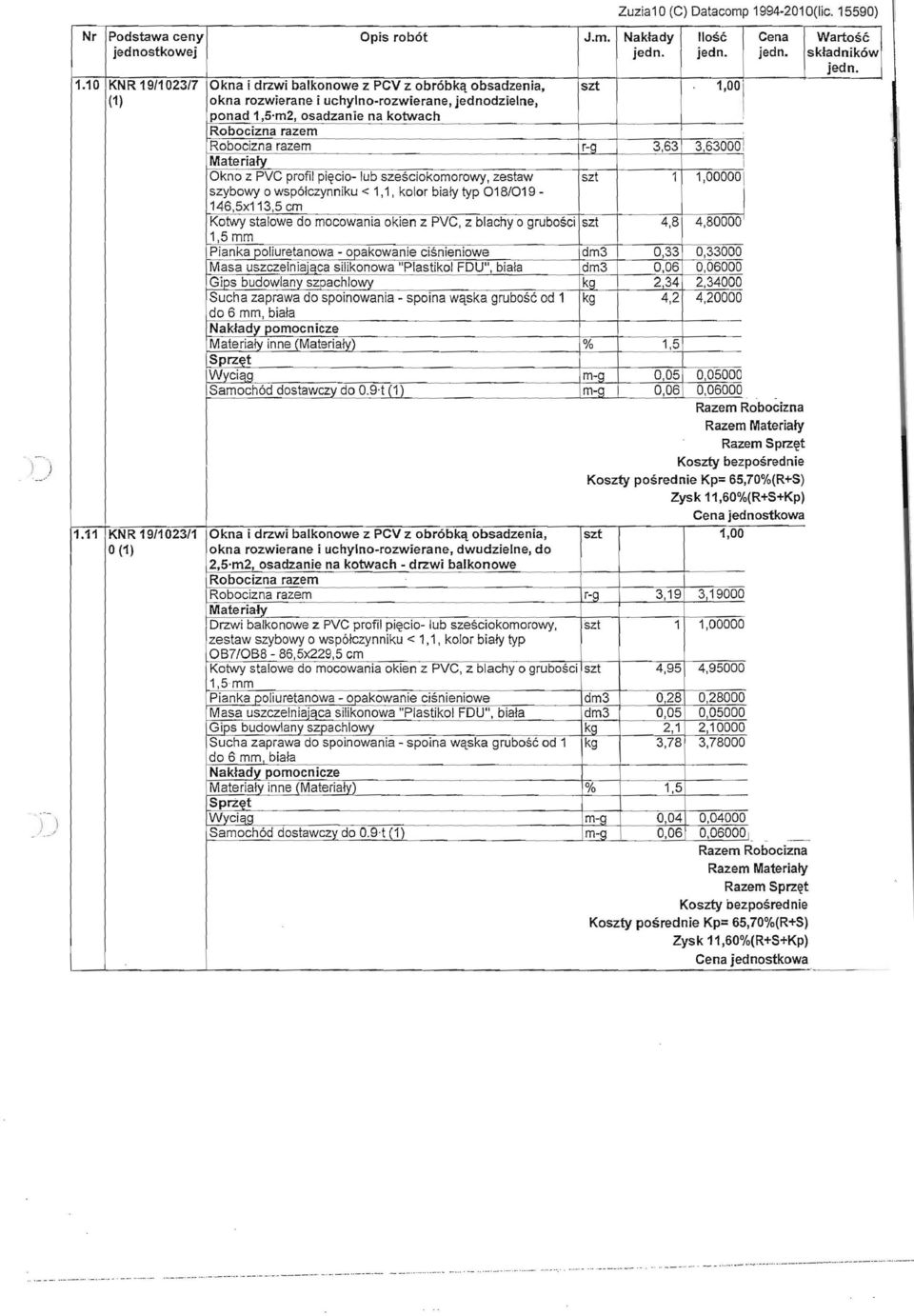 Nakłady Ilość Cena Wartość stkowej składników KNR 19/1023/7 Okna i drzwi balkonowe z PCV z obróbką obsadzenia, szt (1) okna rozwierane i uchylno-rozwierane, dzielne, 1,00 1 ponad 1,5'm2, osadzanie na