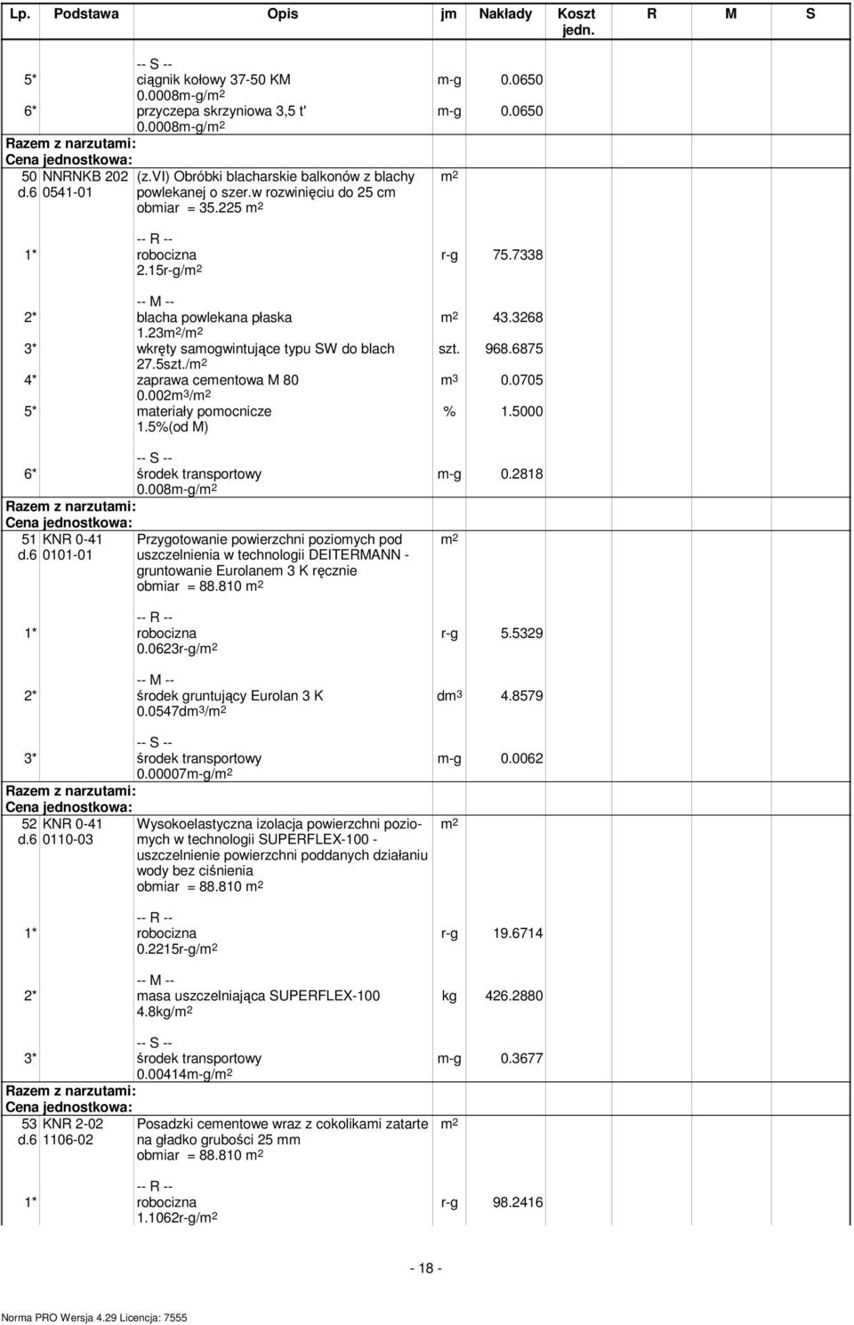 / 4* zaprawa cementowa M 80 0.002m 3 / 5* materiały pomocnicze m-g 0.2818 6* środek transportowy 0.