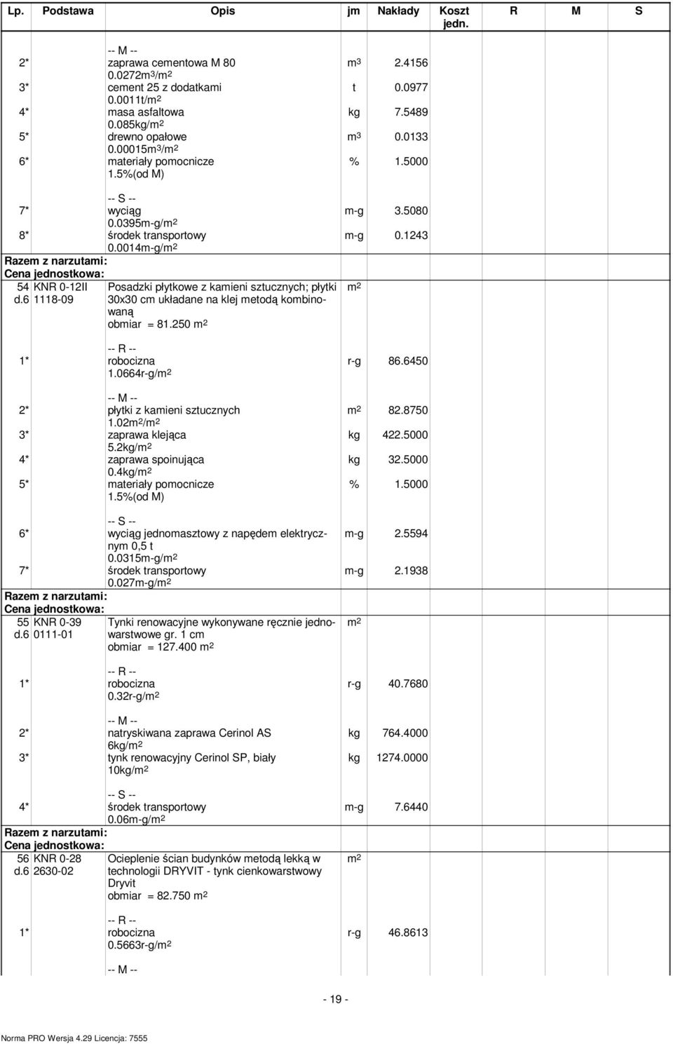 0014m-g/ 54 KNR 0-12II 1118-09 Posadzki płytkowe z kamieni sztucznych; płytki 30x30 cm układane na klej metodą kombinowaną obmiar = 81.250 1.0664r-g/ r-g 86.6450 82.8750 kg 422.5000 kg 32.