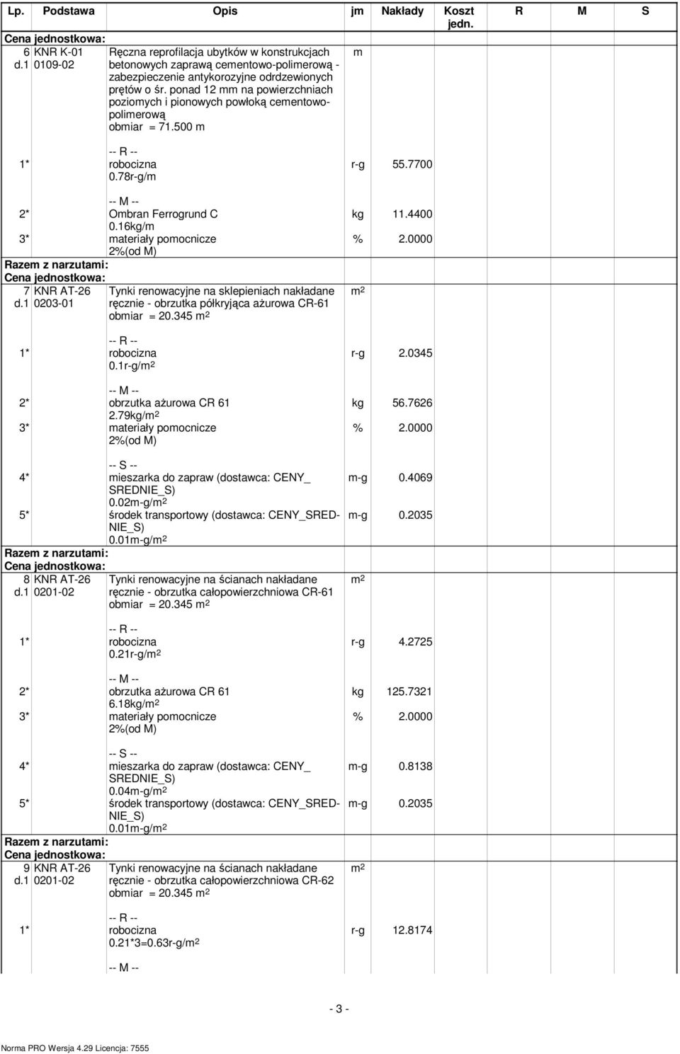 1 0203-01 Tynki renowacyjne na sklepieniach nakładane ręcznie - obrzutka półkryjąca aŝurowa CR-61 obmiar = 20.345 r-g 55.7700 kg 11.4400 % 2.0000 0.1r-g/ r-g 2.0345 kg 56.