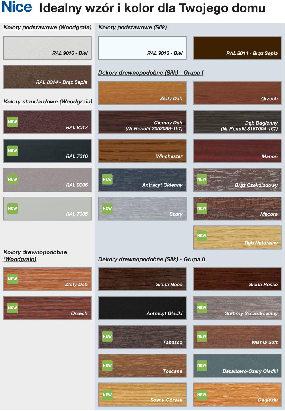 Winchester Mahoñ RAL 9006 Antracyt Okienny Br¹z Czekoladowy RAL 7035 Szary Macore Kolory drewnopodobne (Woodgrain) Dekory drewnopodobne (Silk) - Grupa II