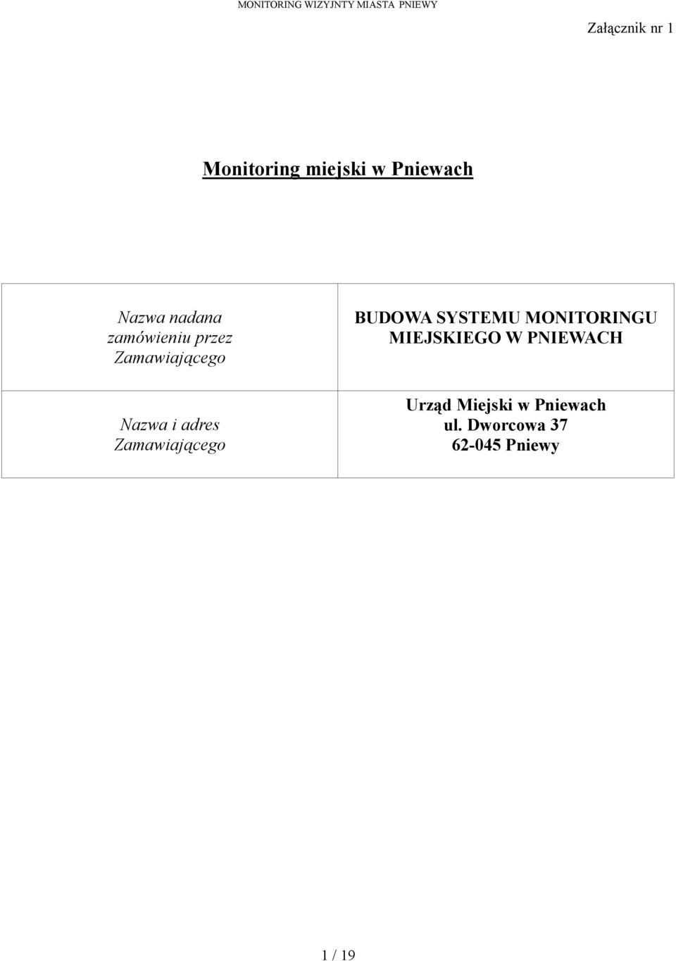 Zamawiającego BUDOWA SYSTEMU MONITORINGU MIEJSKIEGO W