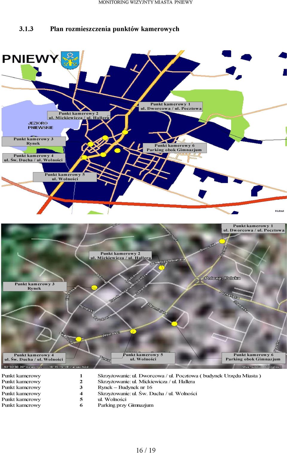 Hallera Punkt kamerowy 3 Rynek Punkt kamerowy 4 ul. Św. Ducha / ul. Wolności Punkt kamerowy 5 ul. Wolności Punkt kamerowy 6 Parking obok Gimnazjum Punkt kamerowy 1 Skrzyżowanie: ul. Dworcowa / ul.