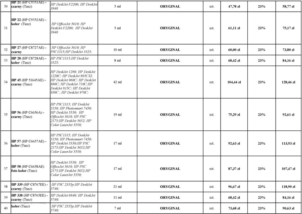 61,11 zł 23% 75,17 zł 3940 HP 27 (HP C8727AE) - HP OfficeJet 5610; HP 32 10 ml ORYGINAŁ szt.