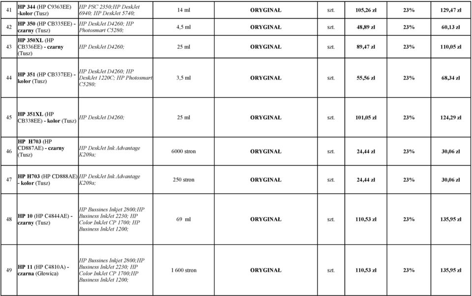 48,89 zł 23% 60,13 zł HP 350XL (HP 43 CB336EE) - czarny HP DeskJet D4260; 25 ml ORYGINAŁ szt.