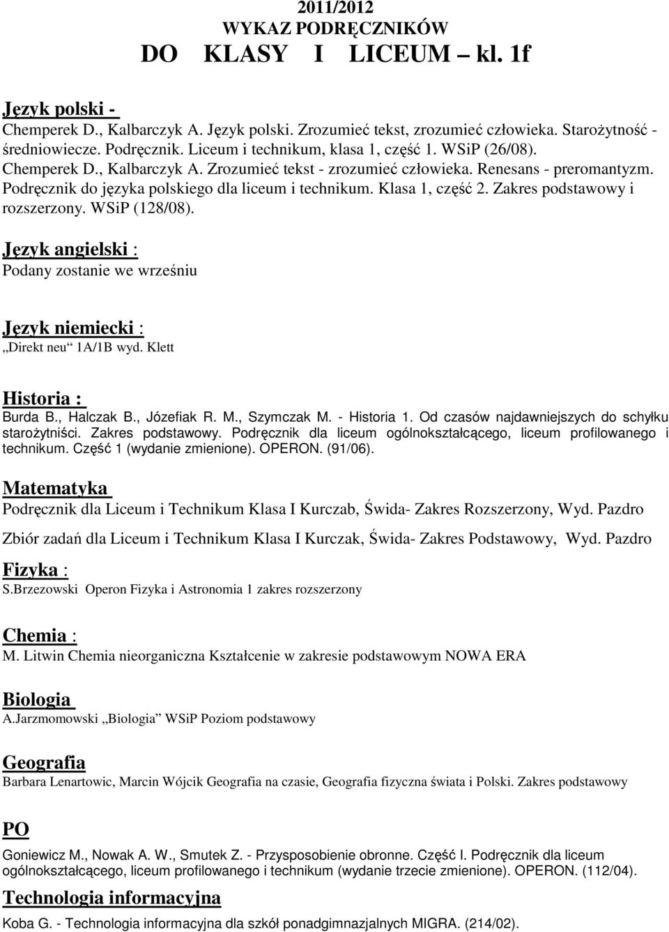 WSiP (128/08). Podany zostanie we wrześniu Direkt neu 1A/1B wyd. Klett Burda B., Halczak B., Józefiak R. M., Szymczak M. - Historia 1. Od czasów najdawniejszych do schyłku starożytniści.