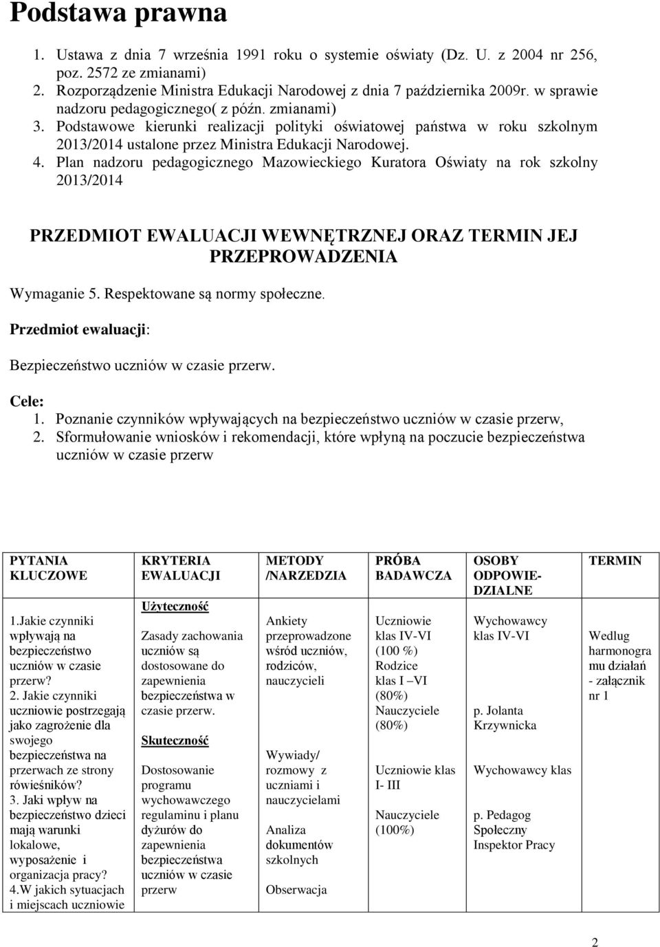 Plan nadzoru pedagogicznego Mazowieckiego Kuratora Oświaty na rok szkolny 2013/ PRZEDMIOT EWALUACJI WEWNĘTRZNEJ ORAZ TERMIN JEJ PRZEPROWADZENIA Wymaganie 5. Respektowane są normy społeczne.