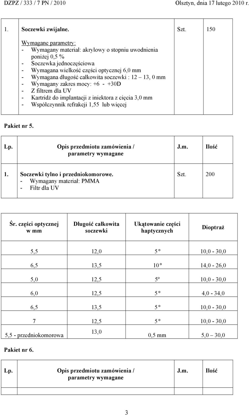 soczewki : 12 13, 0 mm - Wymagany zakres mocy: +6 - +30D - Z filtrem dla UV - Kartridż do implantacji z iniektora z cięcia 3,0 mm - Współczynnik refrakcji 1,55 lub więcej Pakiet nr 5. 1. Soczewki tylno i przedniokomorowe.