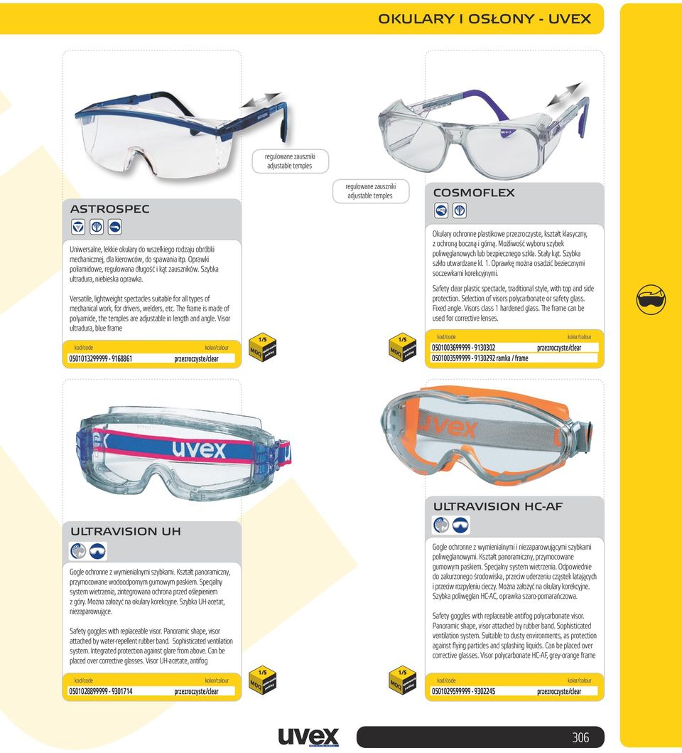 Uniwersalne, lekkie okulary do wszelkiego rodzaju obróbki mechanicznej, dla kierowców, do spawania itp. Oprawki poliamidowe, regulowana długość i kąt zauszników. Szybka ultradura, niebieska oprawka.