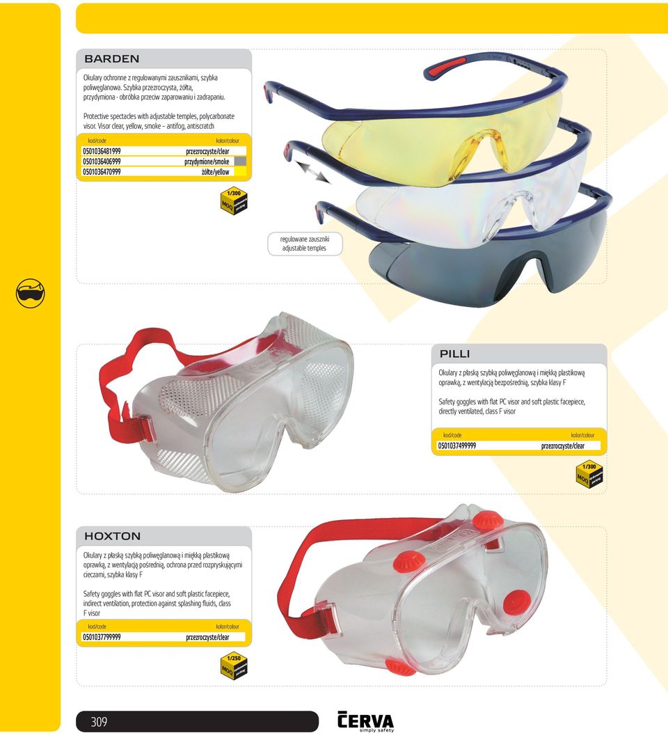 Visor clear, yellow, smoke antifog, antiscratch 0501036481999 przezroczyste/clear 0501036406999 przydymione/smoke 0501036470999 żółte/yellow 1/300 PILLI Okulary z płaską szybką poliwęglanową i miękką