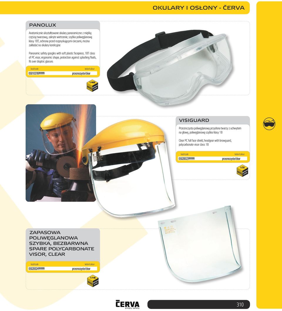 dioptric glasses 0501037699999 przezroczyste/clear 1/400 VISIGUARD Przezroczysta poliwęglanową przysłona twarzy z uchwytem na głowę, poliwęglanową szybka klasy 1B Clear PC full face shield,