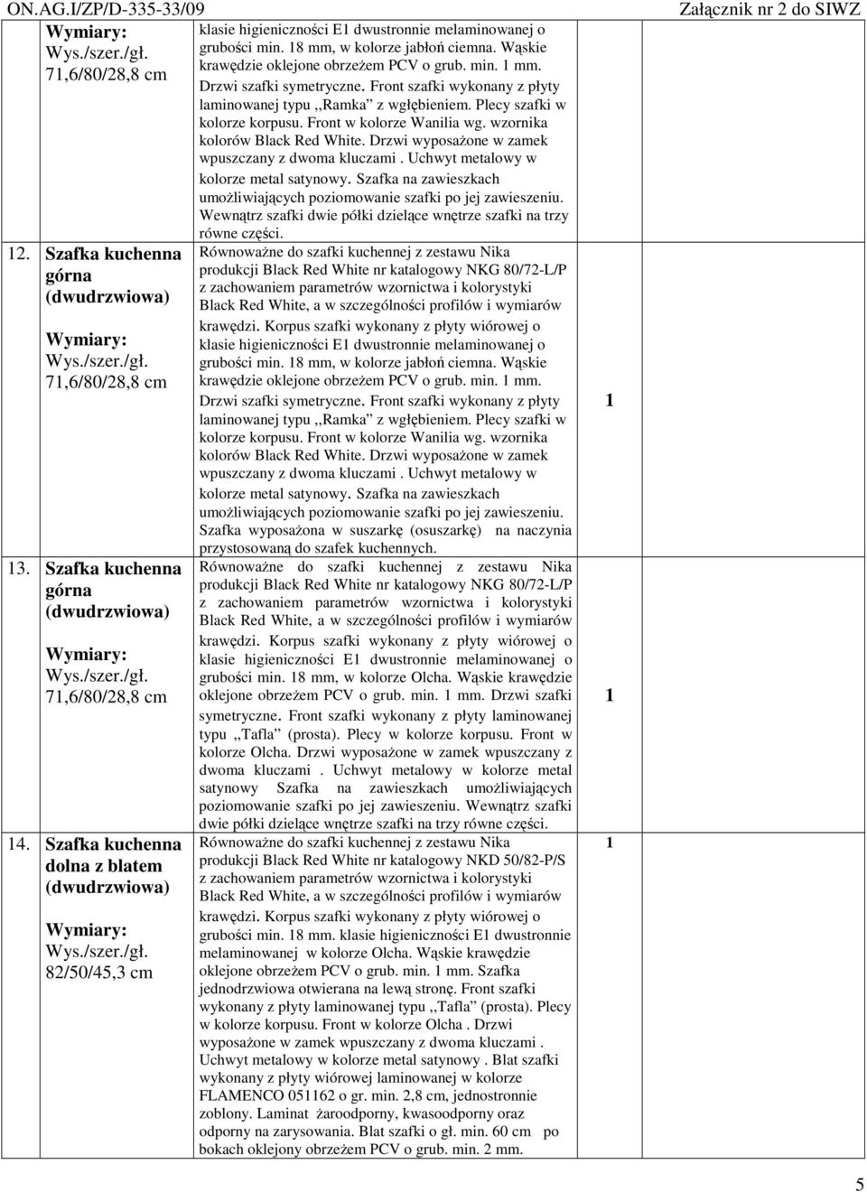 Wskie krawdzie oklejone obrzeem PCV o grub. min. mm. Drzwi szafki symetryczne. Front szafki wykonany z płyty laminowanej typu,,ramka z wgłbieniem. Plecy szafki w kolorze korpusu.