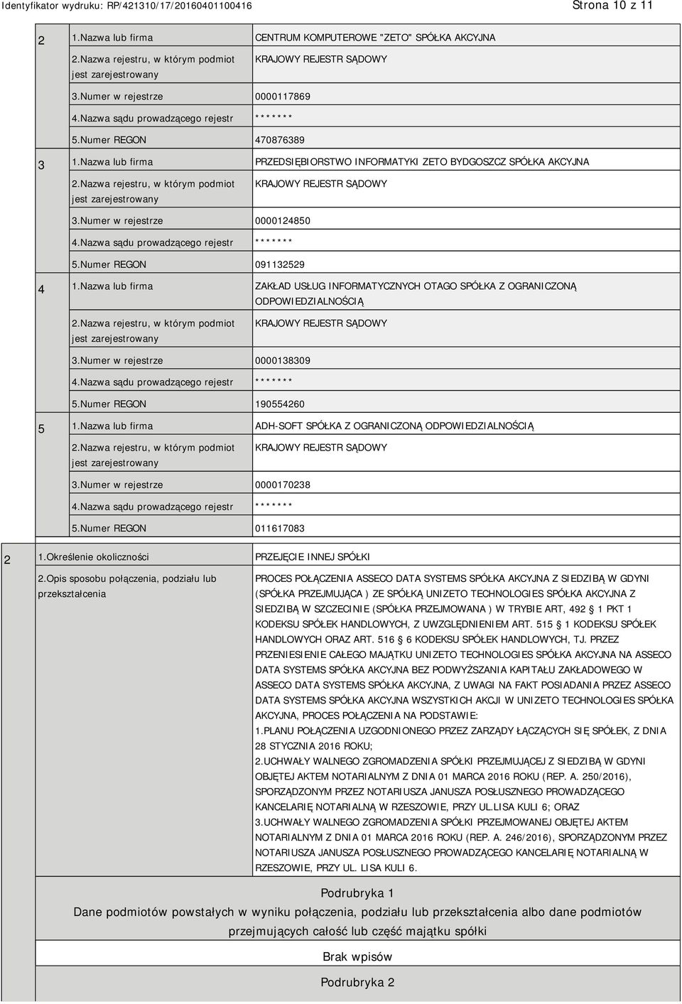 Nazwa lub firma ZAKŁAD USŁUG INFORMATYCZNYCH OTAGO SPÓŁKA Z OGRANICZONĄ ODPOWIEDZIALNOŚCIĄ 3.Numer w rejestrze 0000138309 5.Numer REGON 190554260 5 1.