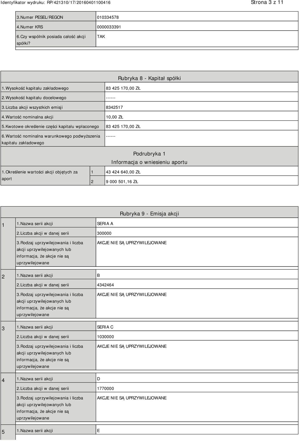 Wartość nominalna warunkowego podwyższenia kapitału zakładowego 10,00 ZŁ 83 425 170,00 ZŁ ------ Podrubryka 1 Informacja o wniesieniu aportu 1.