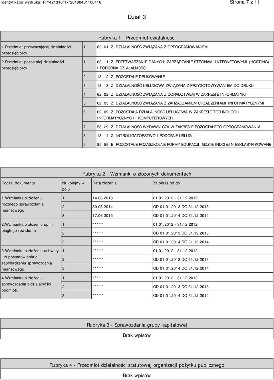 12, Z, POZOSTAŁE DRUKOWA 3 18, 13, Z, DZIAŁALNOŚĆ USŁUGOWA ZWIĄZANA Z PRZYGOTOWYWAM DO DRUKU 4 62, 02, Z, DZIAŁALNOŚĆ ZWIĄZANA Z DORADZTWEM W ZAKRESIE INFORMATYKI 5 62, 03, Z, DZIAŁALNOŚĆ ZWIĄZANA Z