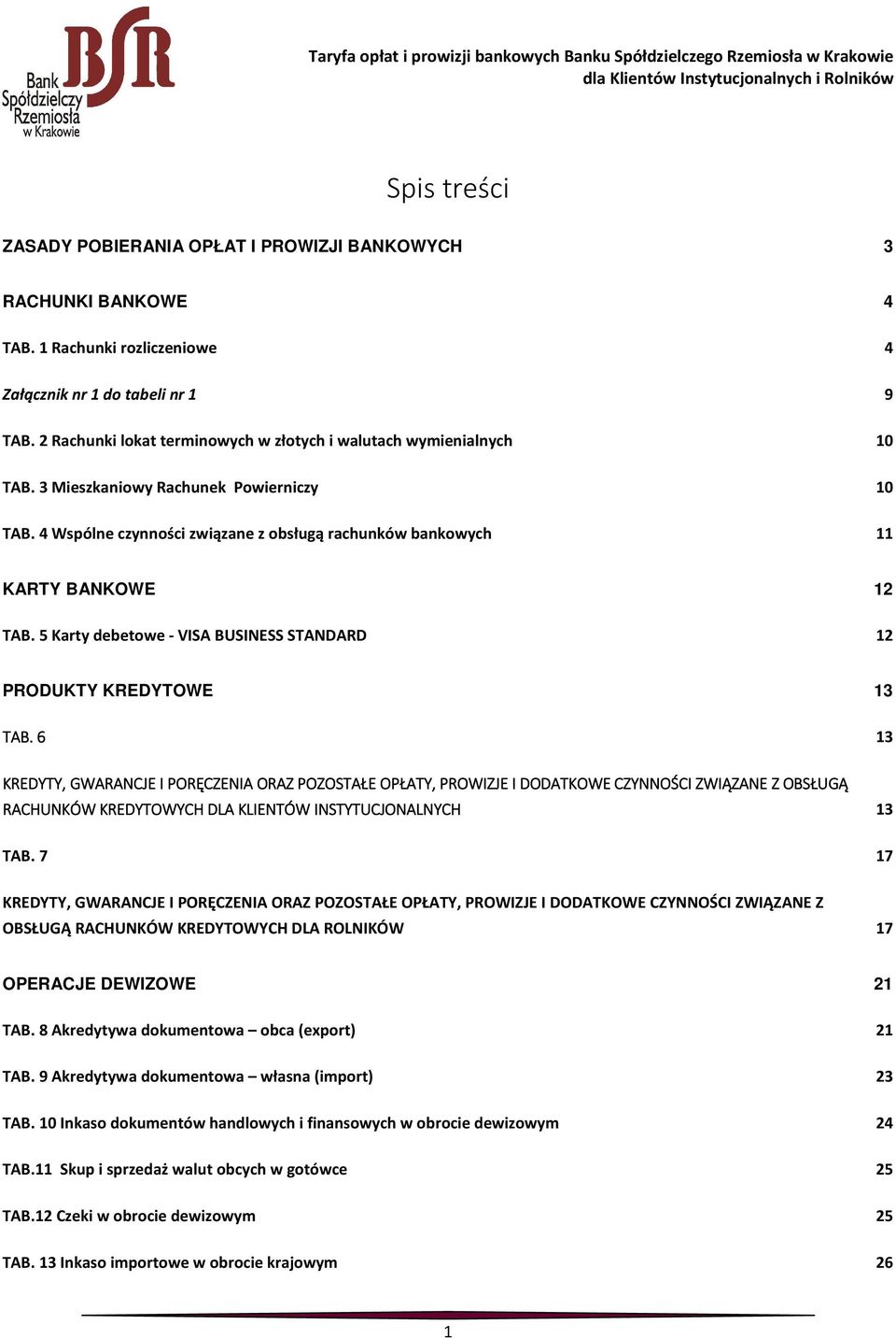 5 Karty debetowe - VISA BUSINESS STANDARD 12 PRODUKTY KREDYTOWE 13 TAB.