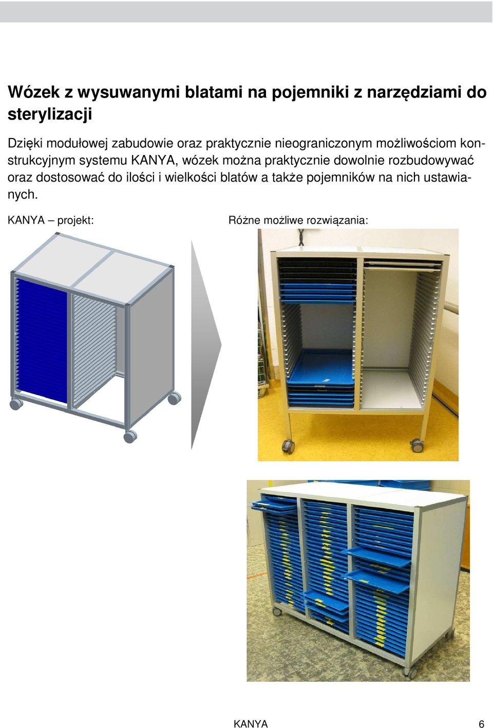 wózek można praktycznie dowolnie rozbudowywać oraz dostosować do ilości i wielkości