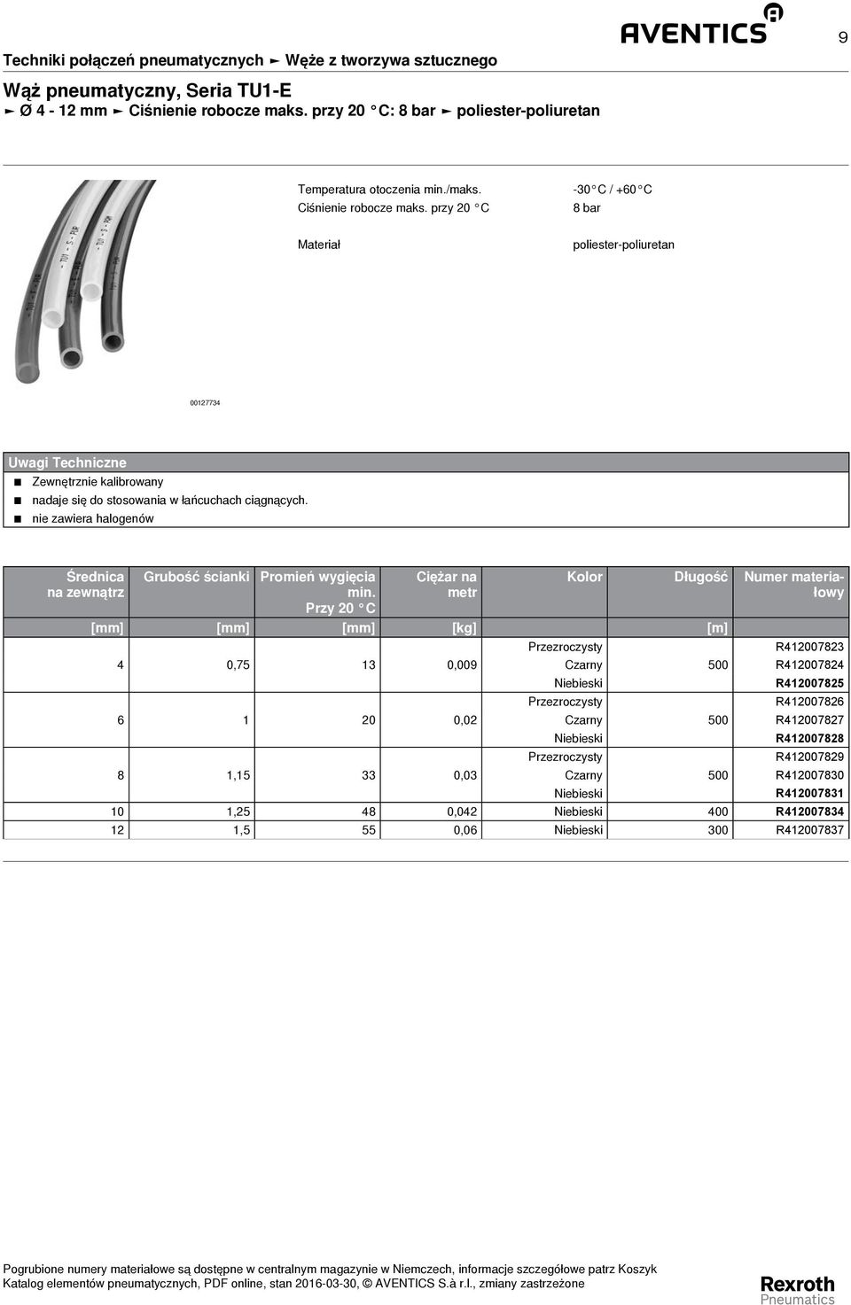 przy 20 C -30 C / +60 C 8 bar Materiał poliester-poliuretan 00127734 Uwagi Techniczne Zewnętrznie kalibrowany nadaje się do stosowania w łańcuchach ciągnących.