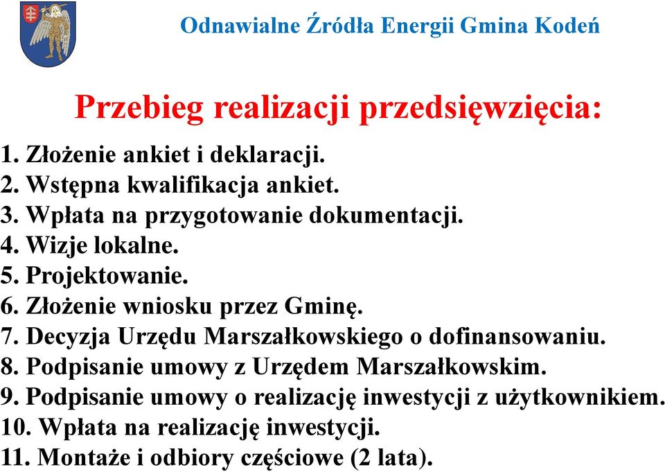 Decyzja Urzędu Marszałkowskiego o dofinansowaniu. 8. Podpisanie umowy z Urzędem Marszałkowskim. 9.