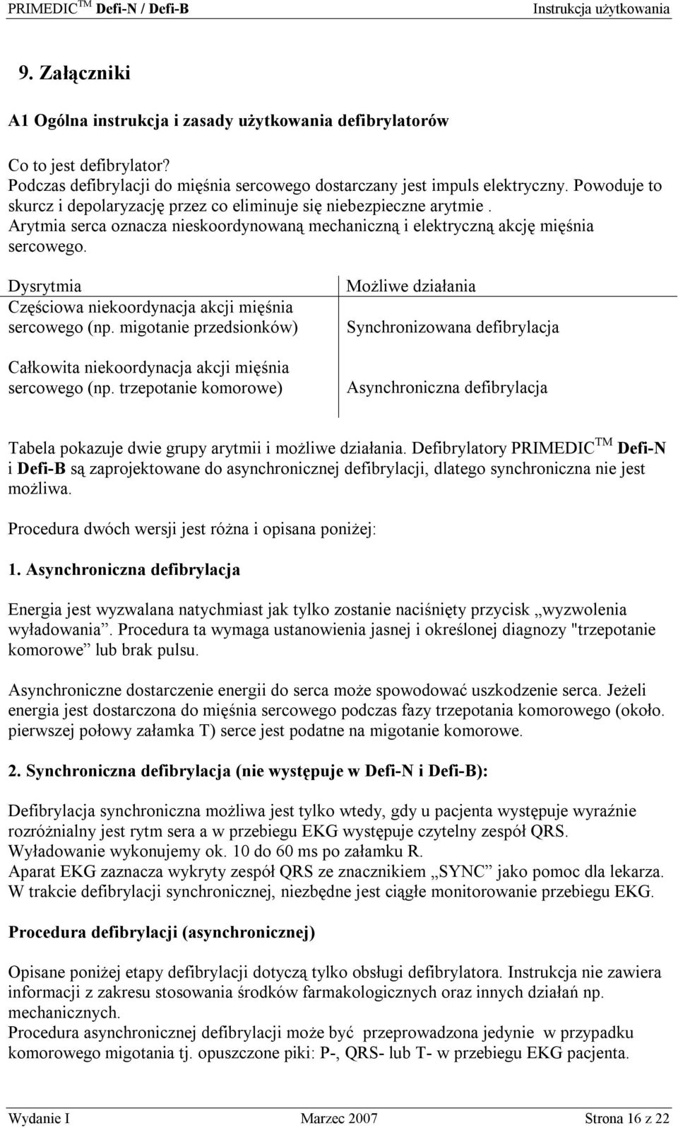 Dysrytmia Częściowa niekoordynacja akcji mięśnia sercowego (np. migotanie przedsionków) Całkowita niekoordynacja akcji mięśnia sercowego (np.