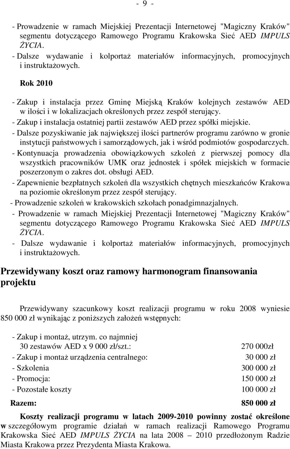 Rok 2010 - Zakup i instalacja przez Gminę Miejską Kraków kolejnych zestawów AED w ilości i w lokalizacjach określonych przez zespół sterujący.