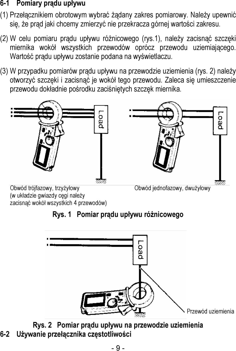 (3) W przypadku pomiarów prądu upływu na przewodzie uziemienia (rys. 2) należy otworzyć szczęki i zacisnąć je wokół tego przewodu.