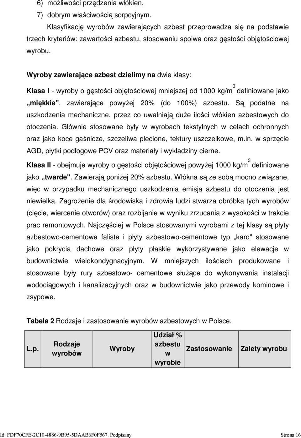 Wyroby zawierające azbest dzielimy na dwie klasy: Klasa I - wyroby o gęstości objętościowej mniejszej od 1000 kg/m 3 definiowane jako miękkie", zawierające powyżej 20% (do 100%) azbestu.