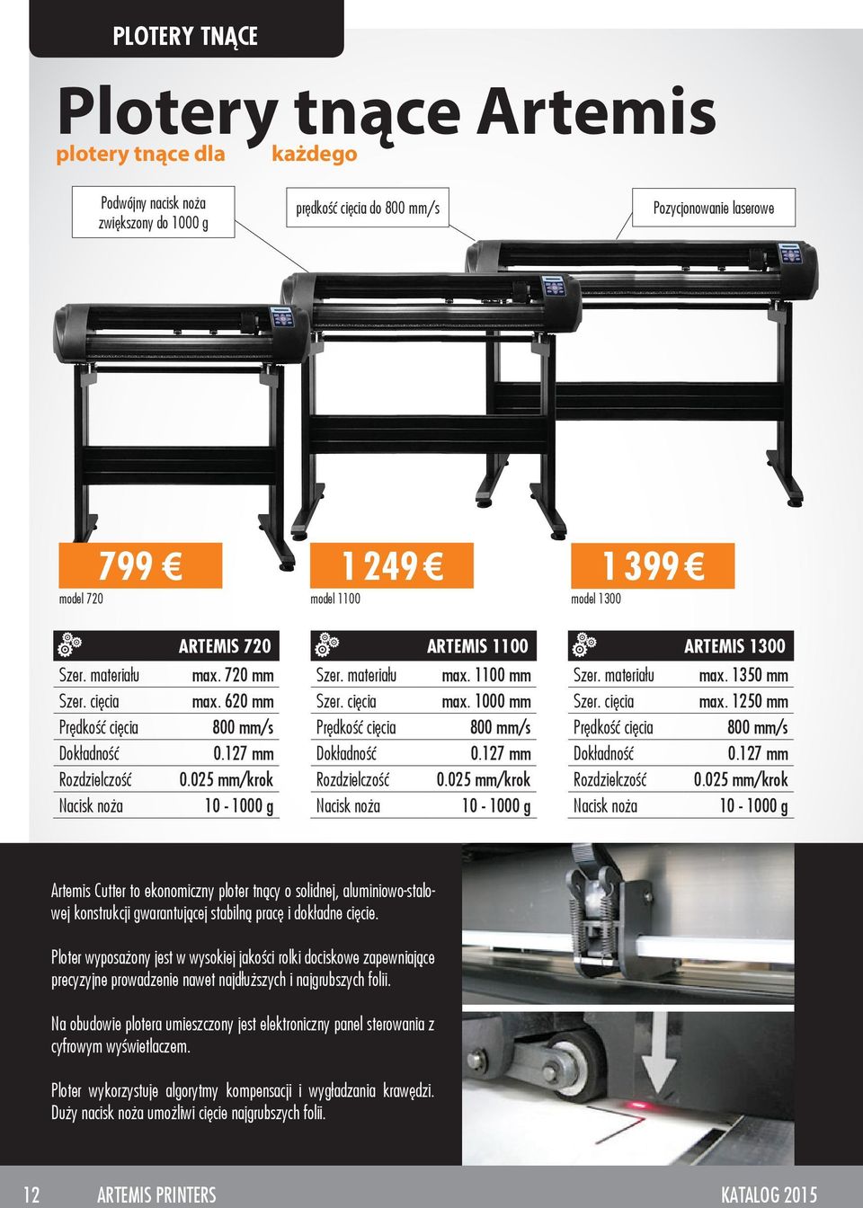 1100 mm max. 1000 mm 800 mm/s 0.127 mm 0.025 mm/krok 10-1000 g Szer. materiału Szer. cięcia Prędkość cięcia Dokładność Nacisk noża ARTEMIS 1300 max. 1350 mm max. 1250 mm 800 mm/s 0.127 mm 0.025 mm/krok 10-1000 g Artemis Cutter to ekonomiczny ploter tnący o solidnej, aluminiowo-stalowej konstrukcji gwarantującej stabilną pracę i dokładne cięcie.