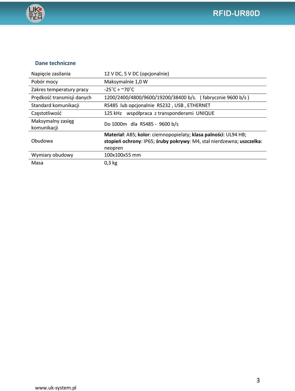 ( fabrycznie 9600 b/s ) Standard komunikacji RS485 lub opcjonalnie RS232, USB, ETHERNET Częstotliwość 125 khz współpraca z transponderami UNIQUE